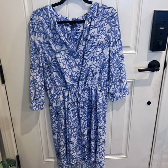 Medium blue and white dress with belt and sleeves - Picture 1 of 5